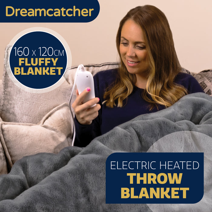 Dreamcatcher Deluxe Electric Heated Throw Faux Fur Grey Soft Heated Blanket 160 x 130cm