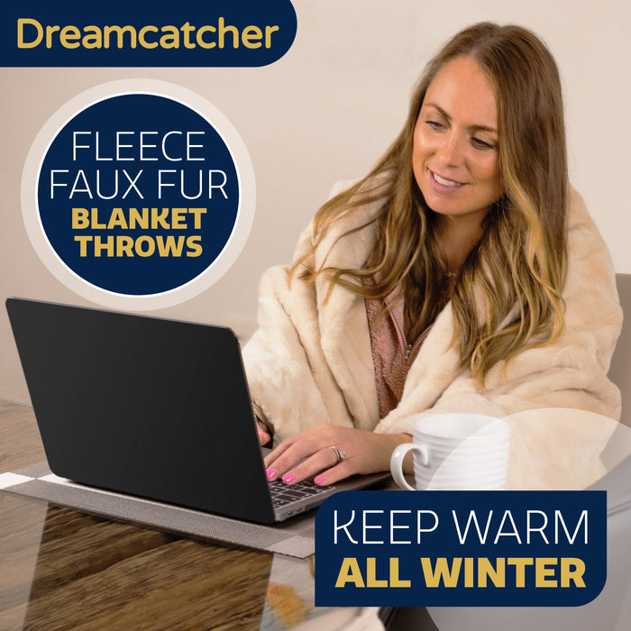Dreamcatcher Faux Fur Throw Blanket 160 x 130 cm Soft Fleece Blanket - Cream