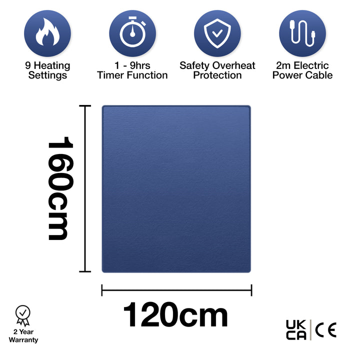 Purus Premium Heated Throw Navy Blue | Large Electric Fleece Blanket Sofa Bed Throw |160 x 120cm