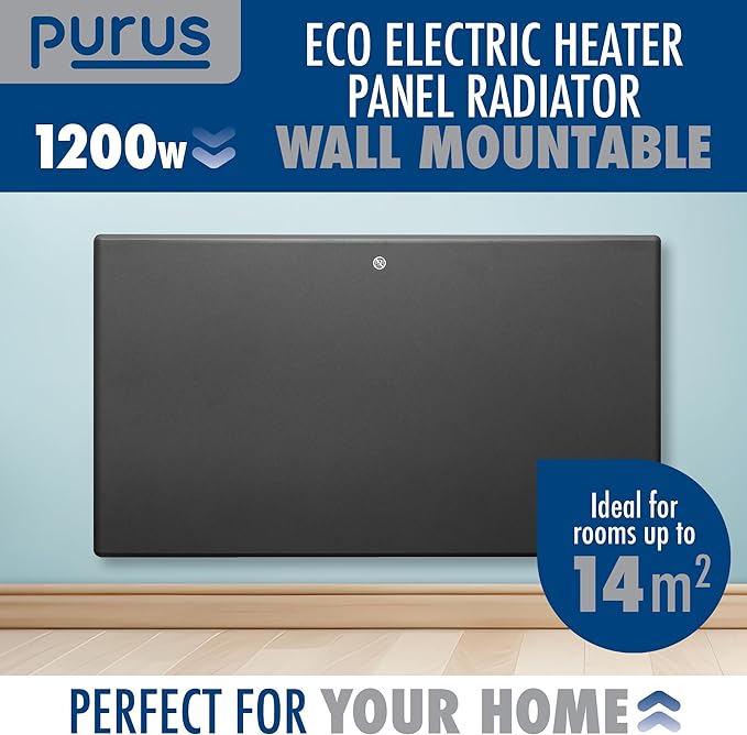 Purus Eco Electric Panel Heater 1200W Setback Timer & Advanced Thermostat Control Grey