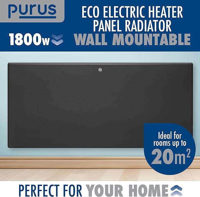 Purus Eco Electric Panel Heater 1800W Setback Timer & Advanced Thermostat Control Grey