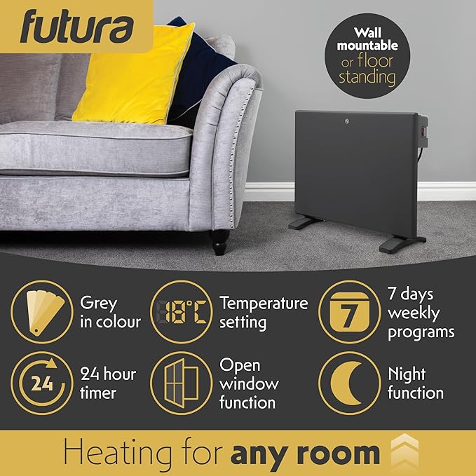 Futura Eco Electric Panel Heater 1000W Setback Timer & Advanced Thermostat Control Grey