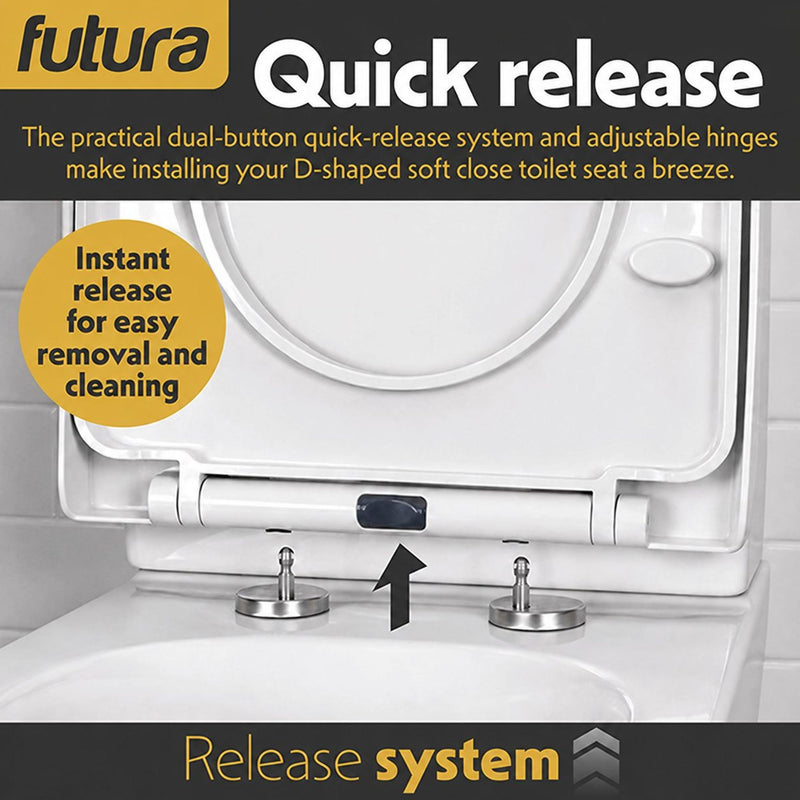 Futura Toilet Seat Soft Close D Shape Premium Universal | White, Black, Grey & Sage