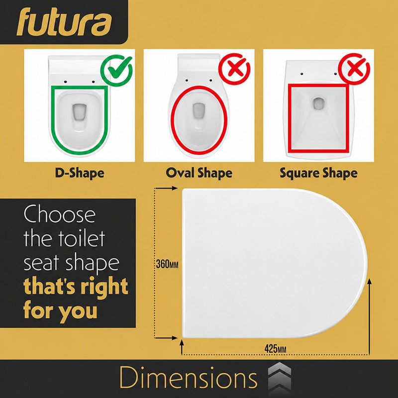 Futura Toilet Seat Soft Close D Shape Premium Universal | White, Black, Grey & Sage