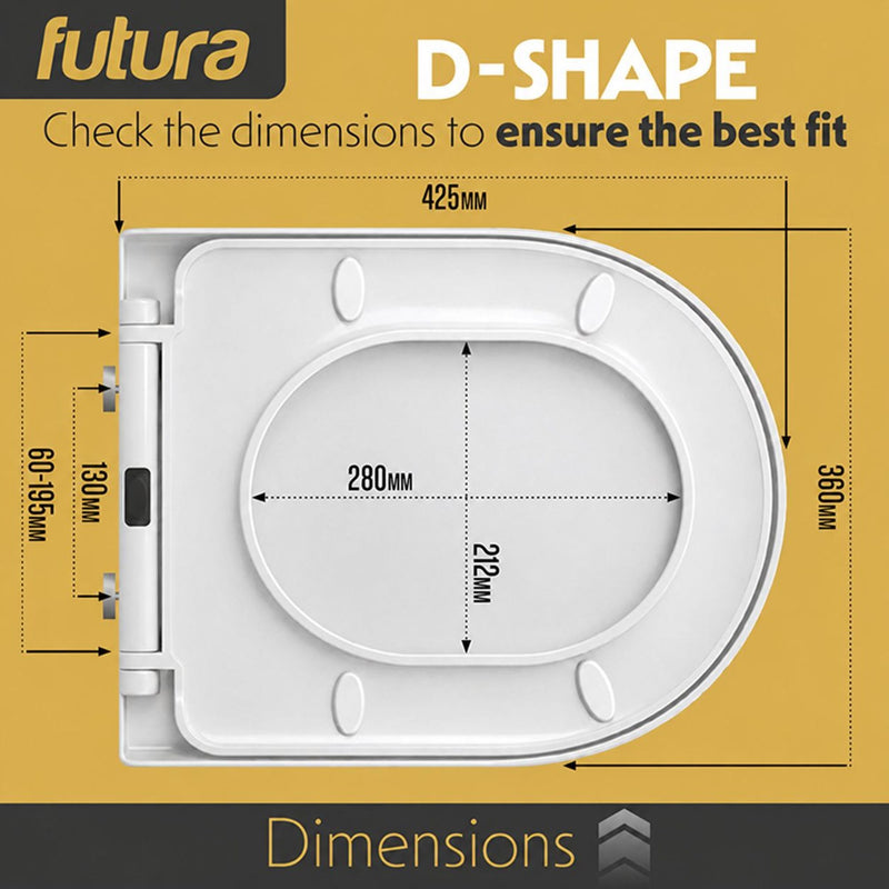 Futura Toilet Seat Soft Close D Shape Premium Universal | White, Black, Grey & Sage