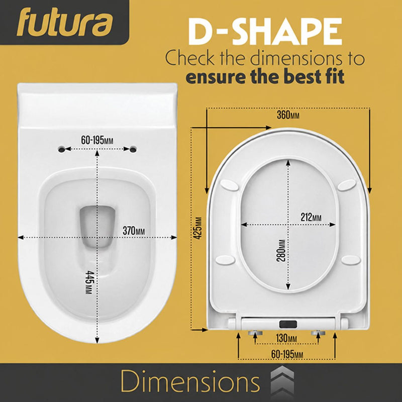 Futura Toilet Seat Soft Close D Shape Premium Universal | White, Black, Grey & Sage