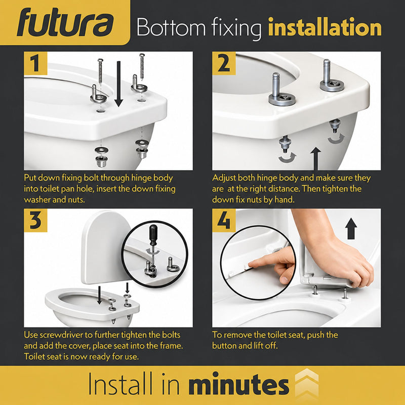 Futura Toilet Seat Soft Close D Shape Premium Universal | White, Black, Grey & Sage