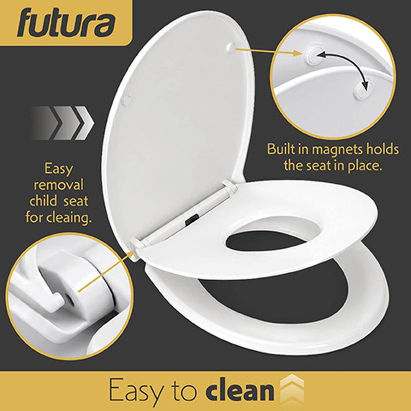 Futura Family Toilet Seat Soft Close White Oval | Bulit in Child Seat, Kids & Toddler  - White