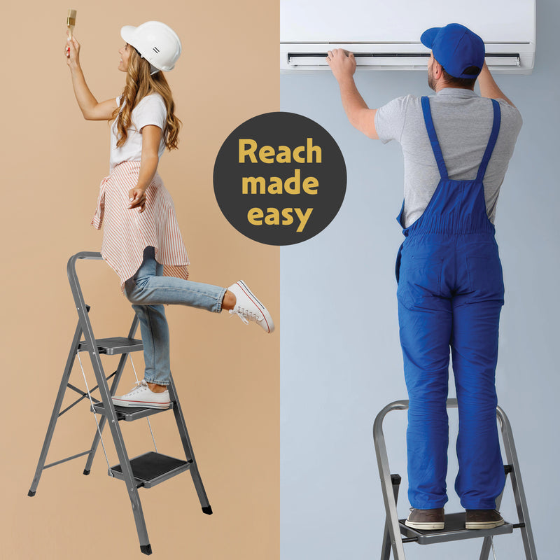 Futura 3 Step Ladder Grey | Folding Step Stool Heavy Duty 150Kg Capacity