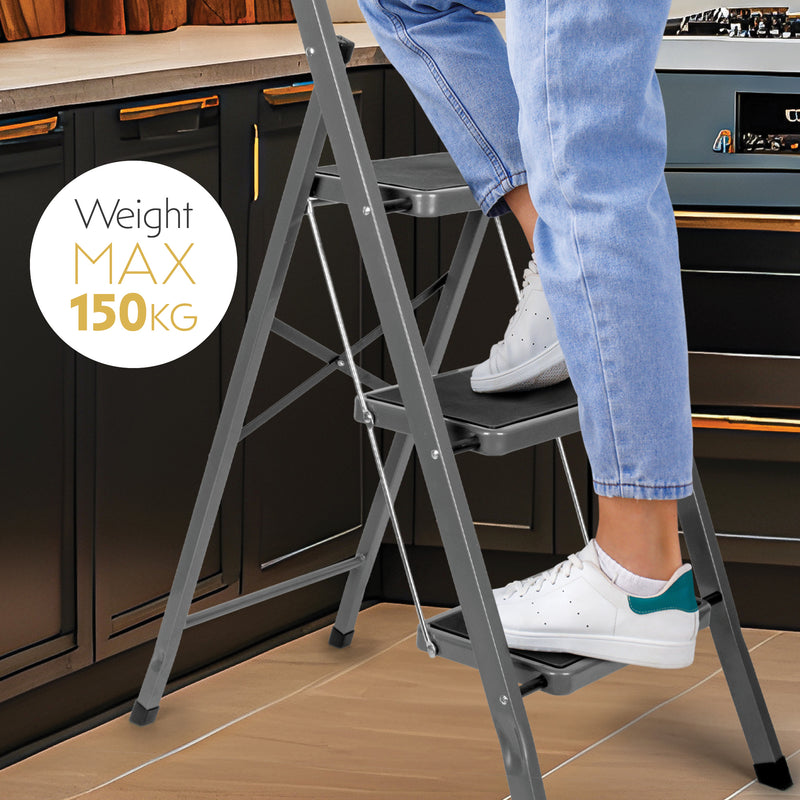 Futura 3 Step Ladder Grey | Folding Step Stool Heavy Duty 150Kg Capacity
