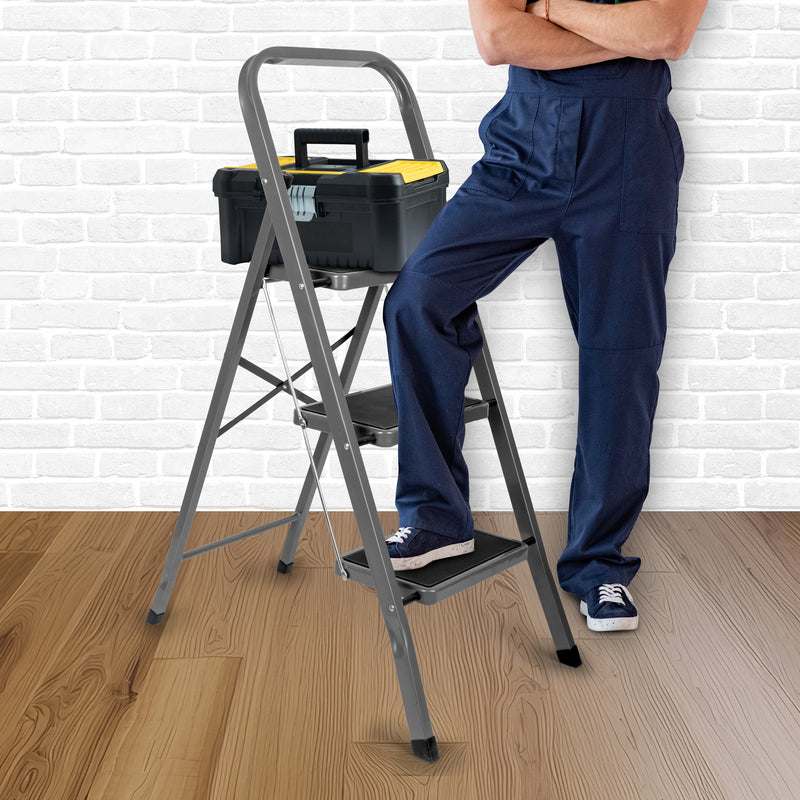 Futura 3 Step Ladder Grey | Folding Step Stool Heavy Duty 150Kg Capacity