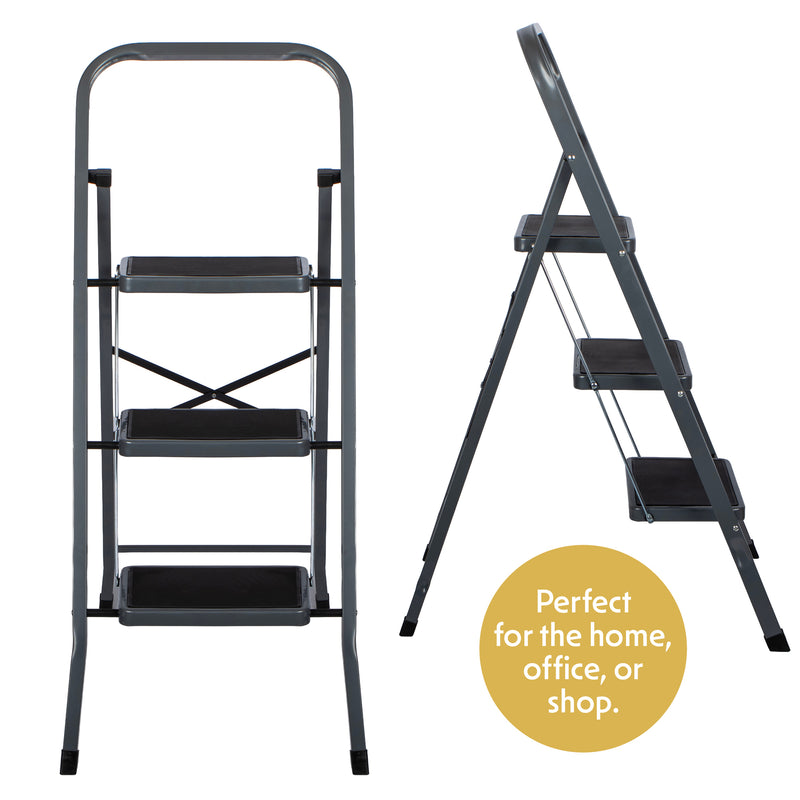 Futura 3 Step Ladder Grey | Folding Step Stool Heavy Duty 150Kg Capacity