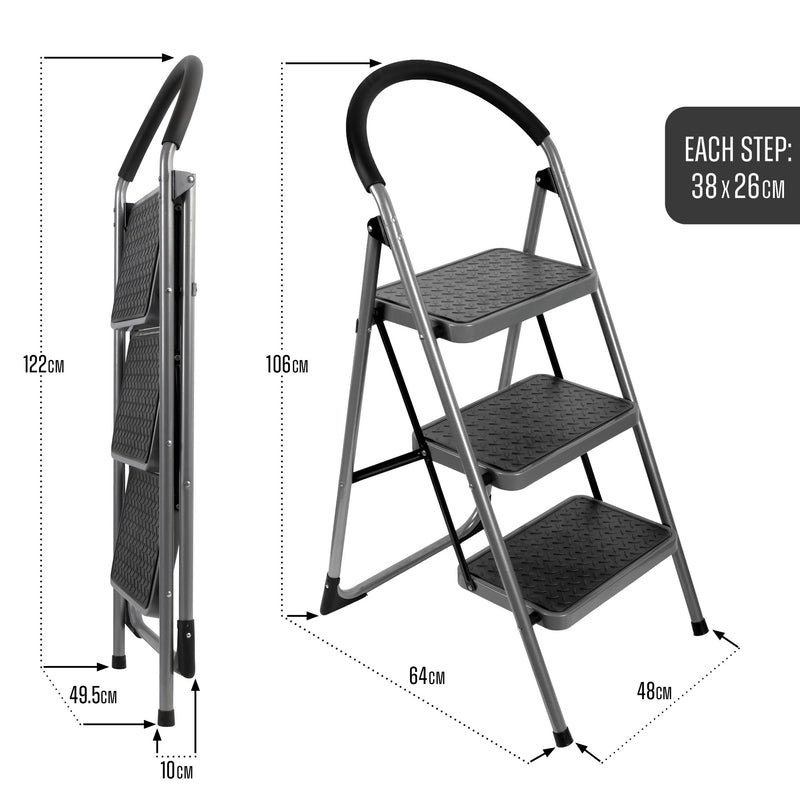 Futura Step Ladder Premium Folding Step Tool Heavy Duty Steel - 2 and 3 Step