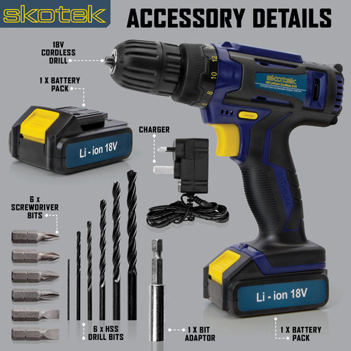 Skotek Cordless Drill Set 18V cordless drill with two lithium-ion battery packs, a charger, six HSS drill bits, six screwdriver bits, and a bit adapter for versatile applications.