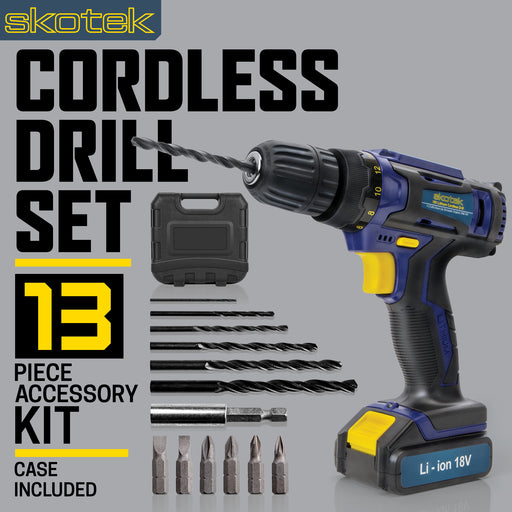 Skotek Cordless Drill Set with a 13-piece accessory kit, including drill bits, screwdriver bits, a bit adapter, and a sturdy carrying case for organized storage and portability.
