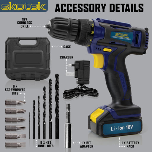 Skotek Cordless Drill Set accessory details including an 18V cordless drill, carrying case, charger, six HSS drill bits, six screwdriver bits, one bit adapter, and one lithium-ion battery pack for versatile and convenient use.