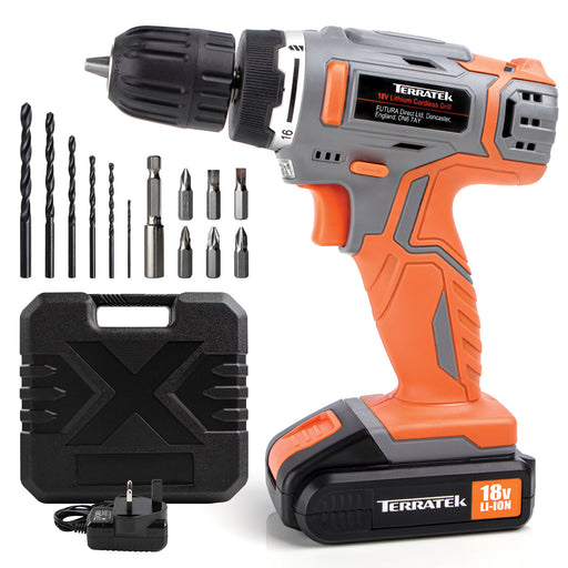 The drill features an ergonomic orange and gray design with a visible battery labeled "18V Li-Ion." Alongside the drill, the image displays a set of drill bits, screwdriver bits, and a magnetic bit holder. A black carrying case with a rugged design and a power adapter for charging are also included.