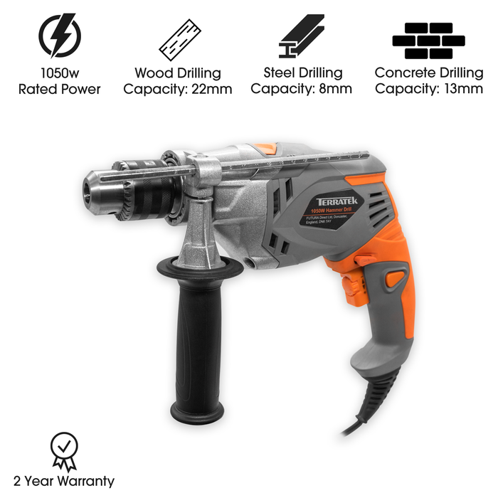 Terratek 1050W Hammer Drill, Powerful Variable Speed Electric Drill