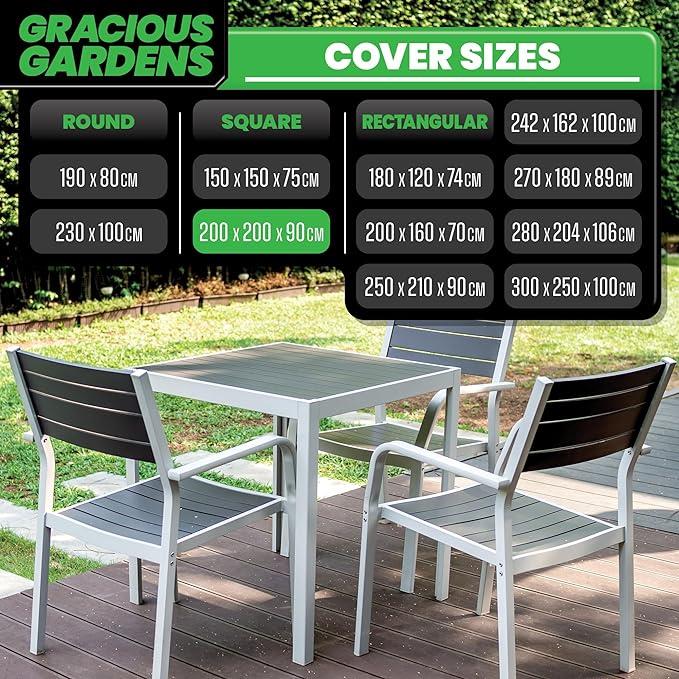 Gracious Gardens Garden Furniture Cover 200 x 200 x 90cm Square Heavy Duty Oxford Fabric