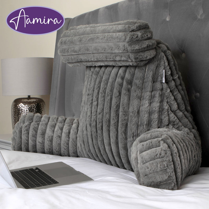 Aamira Aamira X Large Cuddle Cushion Grey | Faux Fur Reading Pillow Back Support