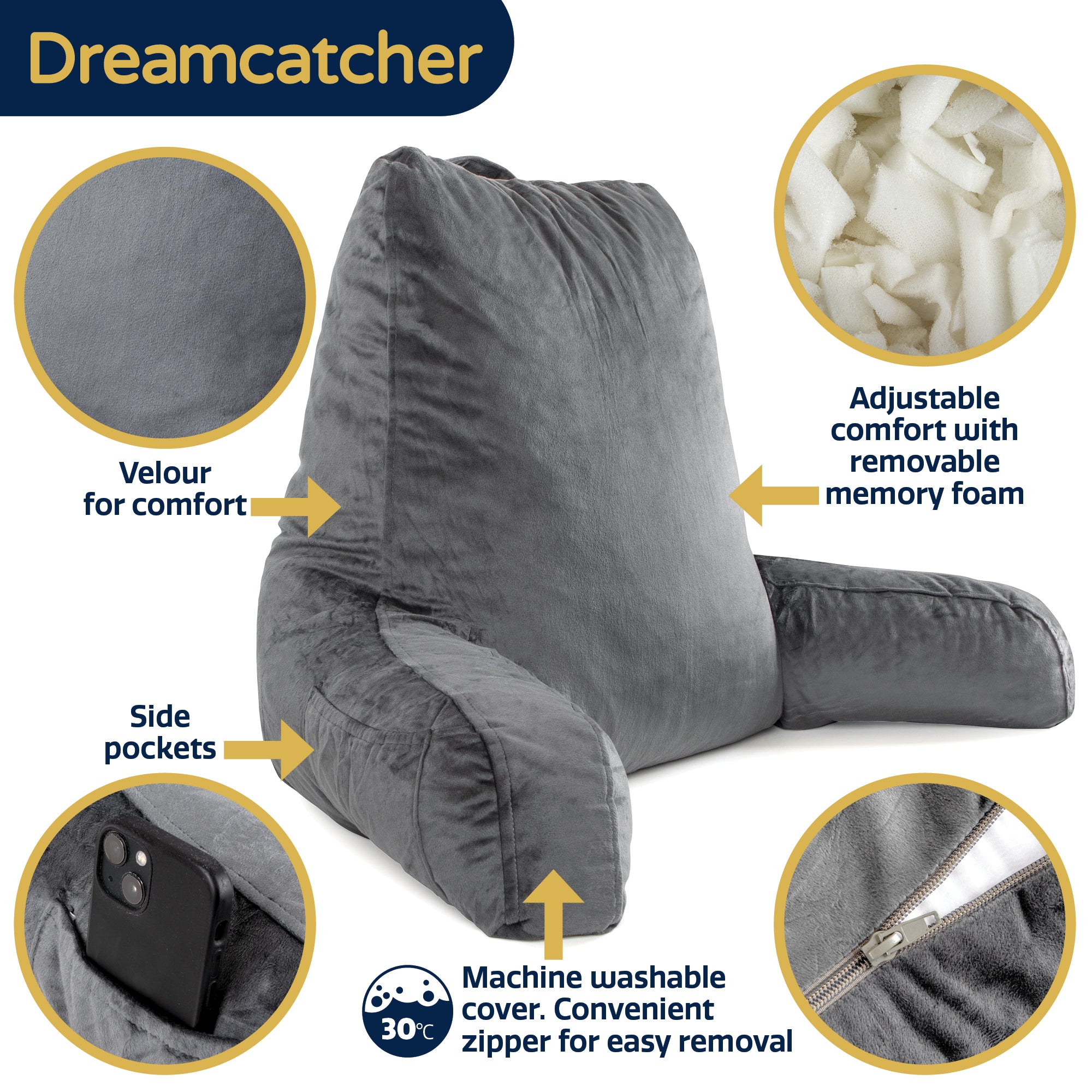 Dreamcatcher Cuddle Cushion Grey | Memory Foam Back Support Reading Pi