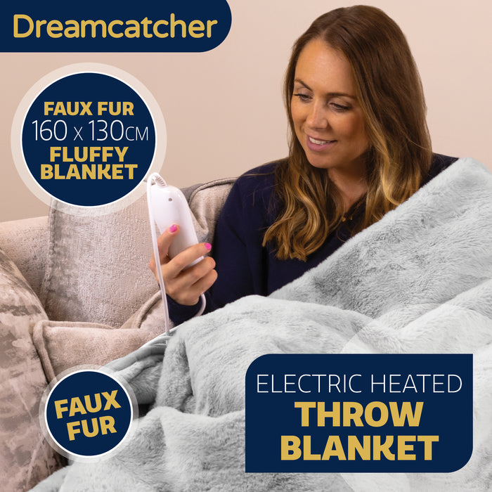 Dreamcatcher Dreamcatcher Deluxe Electric Heated Throw Faux Fur Light Grey Soft Heated Blanket 160 x 130cm