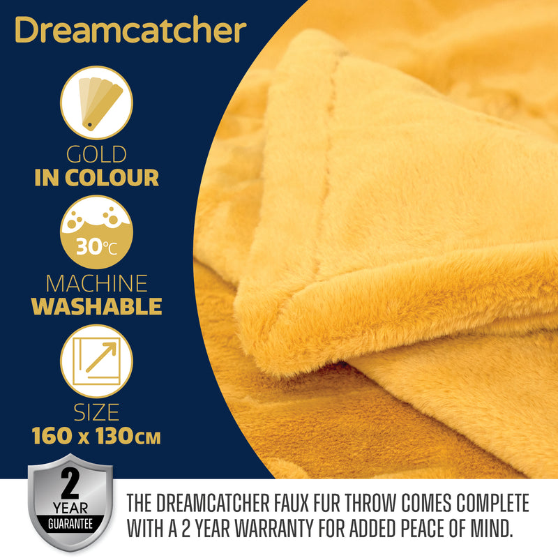 Dreamcatcher Dreamcatcher Gold Faux Fur Throw Blanket | Soft Fluffy Sofa Throw