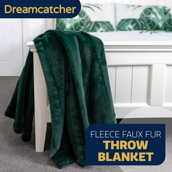 Dreamcatcher Dreamcatcher Green Faux Fur Throw Blanket | Soft Fluffy Sofa Throw