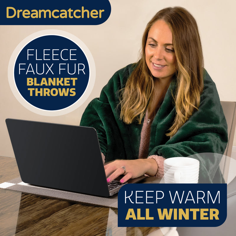 Dreamcatcher Dreamcatcher Green Faux Fur Throw Blanket | Soft Fluffy Sofa Throw