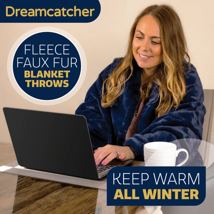 Dreamcatcher Dreamcatcher Navy Blue Faux Fur Throw Blanket | Soft Fluffy Sofa Throw