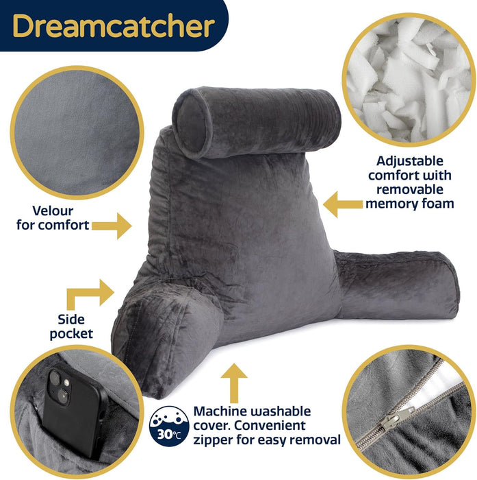 Dreamcatcher Dreamcatcher XL Cuddle Cushion Grey | Back Reading Pillow with Headrest