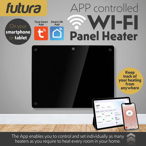 Futura Futura 1000W Black Glass Electric Panel Heater WiFi Wall Mounted
