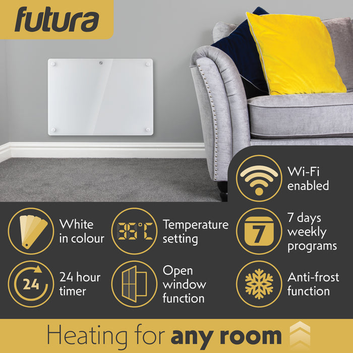Futura Futura 1000W White Glass Electric Panel Heater WiFi Wall Mounted