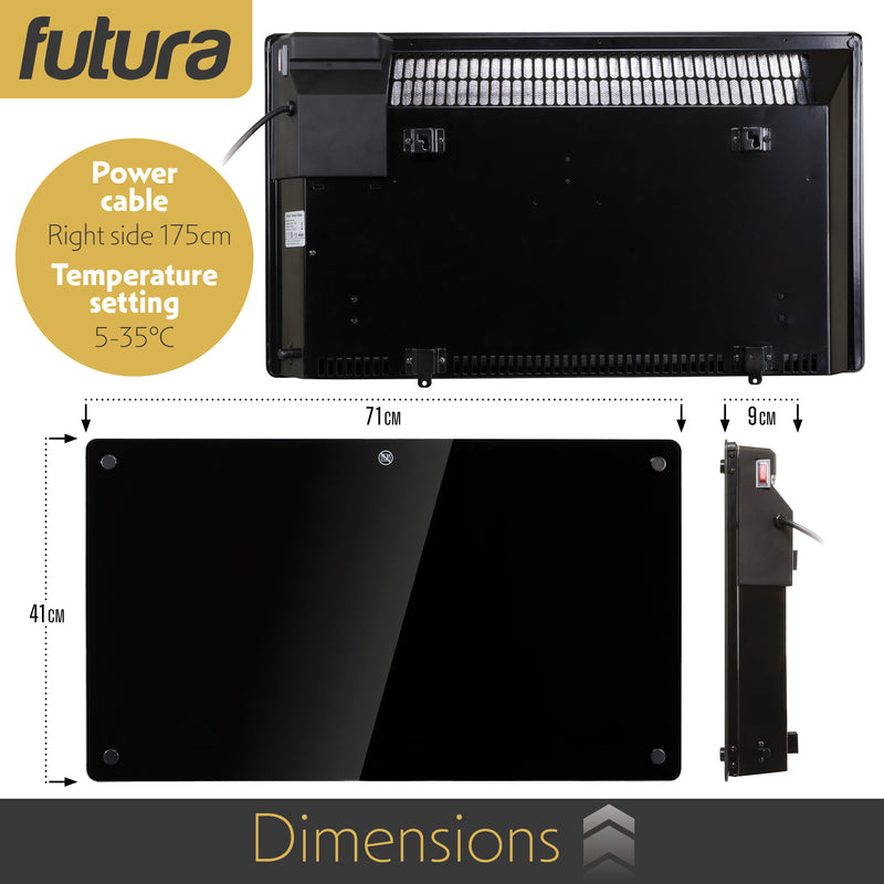 Futura Futura 1500W Black Glass Electric Panel Heater WiFi Wall Mounted