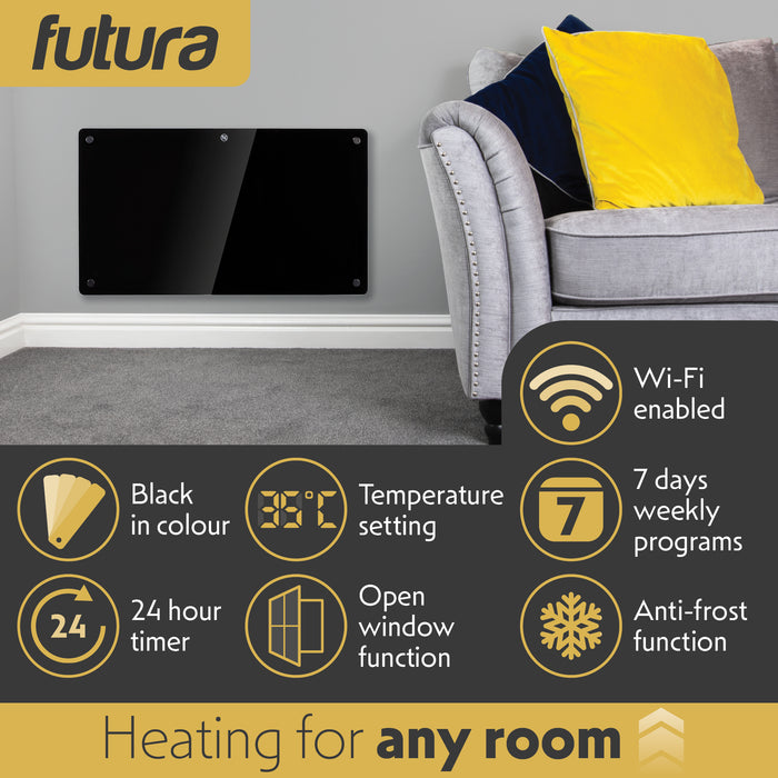Futura Futura 1500W Black Glass Electric Panel Heater WiFi Wall Mounted