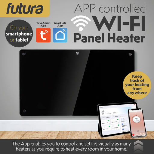 Futura Futura 1500W Black Glass Electric Panel Heater WiFi Wall Mounted