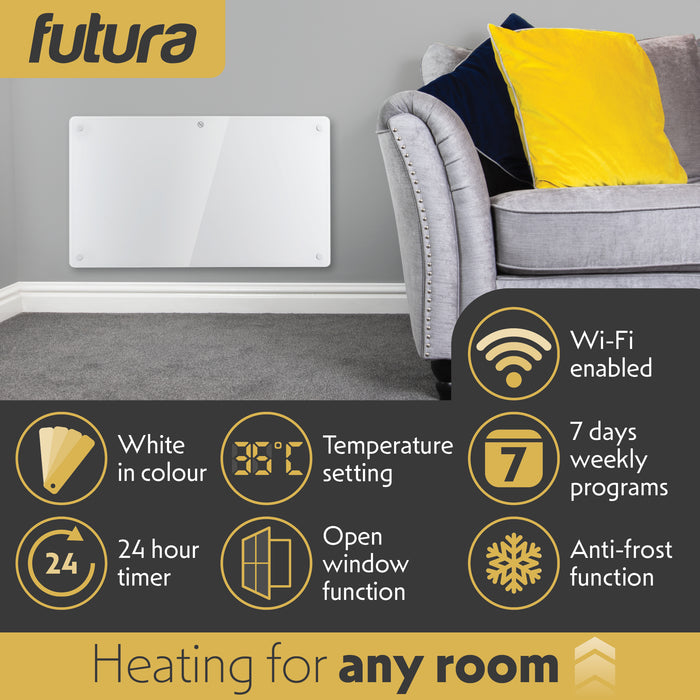 Futura Futura 1500W White Glass Electric Panel Heater WiFi Wall Mounted