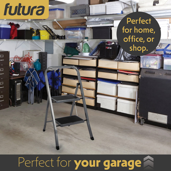 Futura Futura 2 Step Ladder Grey | Folding Step Stool Heavy Duty 150Kg Capacity