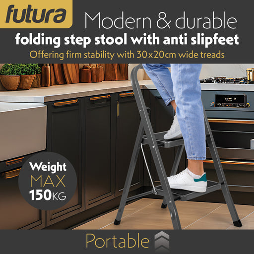 Futura Futura 2 Step Ladder Grey | Folding Step Stool Heavy Duty 150Kg Capacity