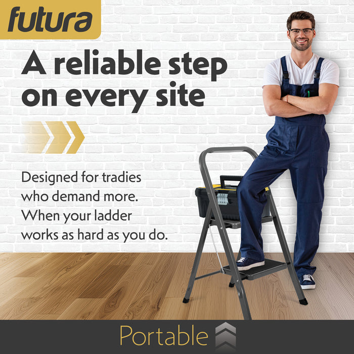 Futura Futura 2 Step Ladder Grey | Folding Step Stool Heavy Duty 150Kg Capacity