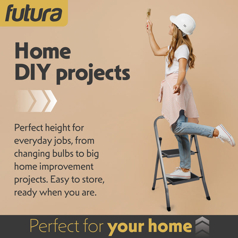 Futura Futura 2 Step Ladder Grey | Folding Step Stool Heavy Duty 150Kg Capacity