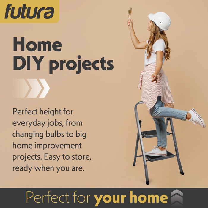 Futura Futura 2 Step Ladder Grey | Folding Step Stool Heavy Duty 150Kg Capacity