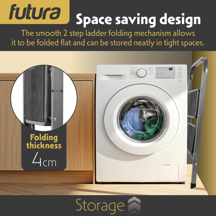 Futura Futura 2 Step Ladder Grey | Folding Step Stool Heavy Duty 150Kg Capacity