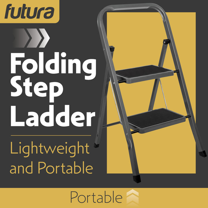 Futura Futura 2 Step Ladder Grey | Folding Step Stool Heavy Duty 150Kg Capacity
