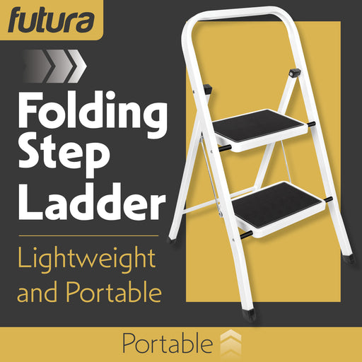 Futura Futura 2 Step Ladder White | Folding Step Stool Heavy Duty 150Kg Capacity