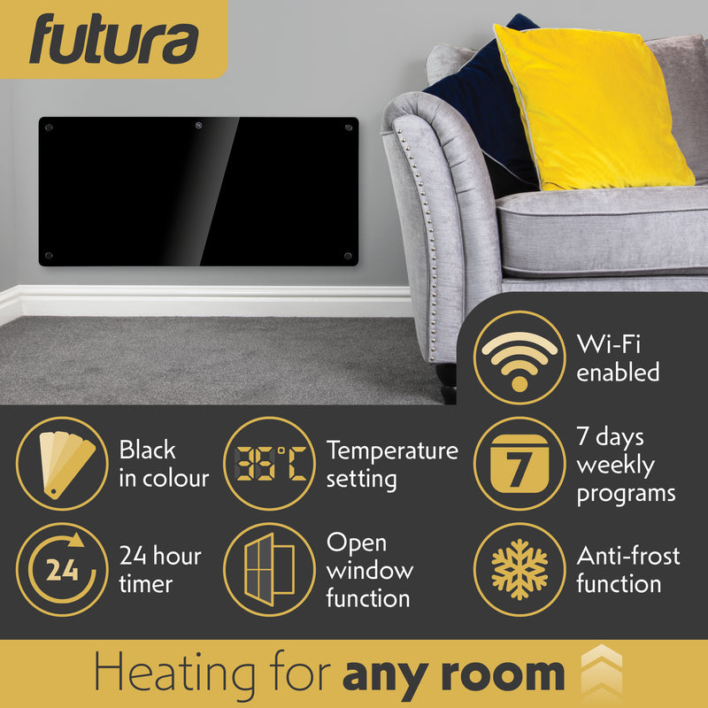 Futura Futura 2000W Black Glass Electric Panel Heater WiFi Wall Mounted