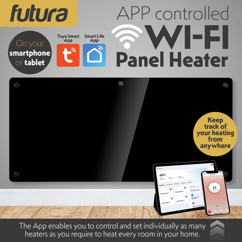 Futura Futura 2000W Black Glass Electric Panel Heater WiFi Wall Mounted