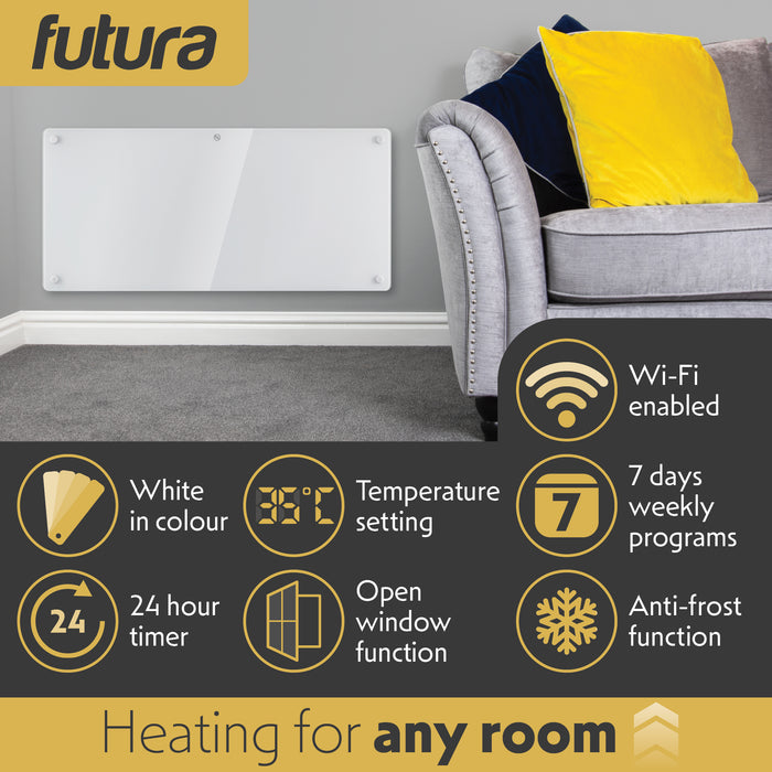 Futura Futura 2000W White Glass Electric Panel Heater WiFi Wall Mounted