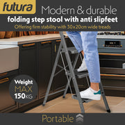 Futura Futura 3 Step Ladder Grey | Folding Step Stool Heavy Duty 150Kg Capacity