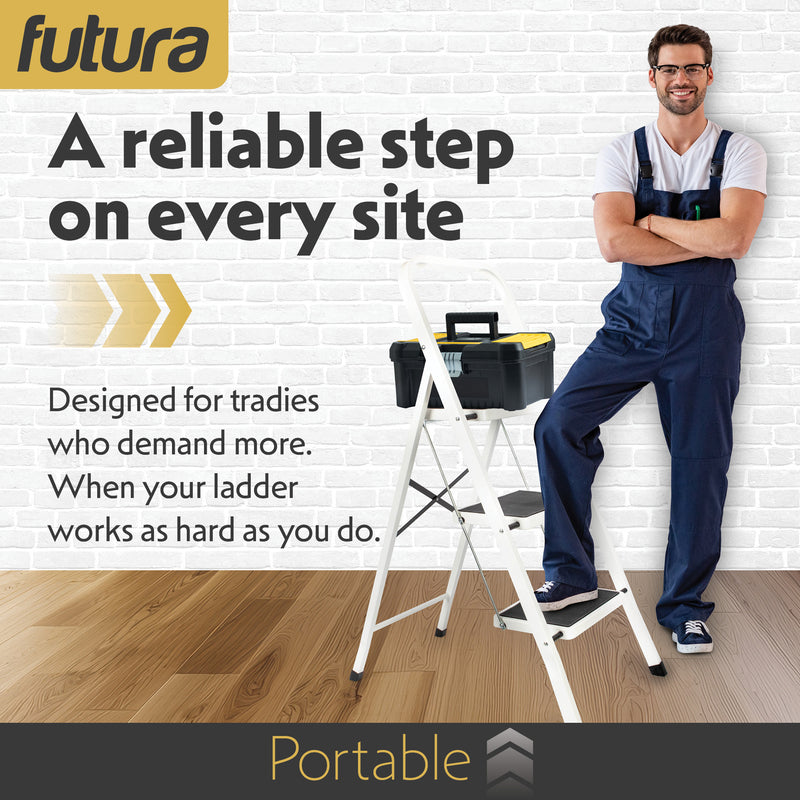 Futura Futura 3 Step Ladder White | Folding Step Stool Heavy Duty 150Kg Capacity